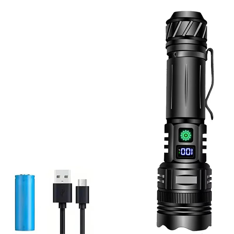 Black flashlight with digital display, battery, and USB cable on a white background