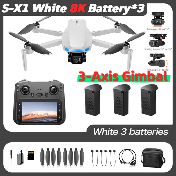 S-X1 MAX GPS Drone with 3-Axis Gimbal – 8K/4K HD Camera 5000m FPV LCD Screen RC Quadcopter
