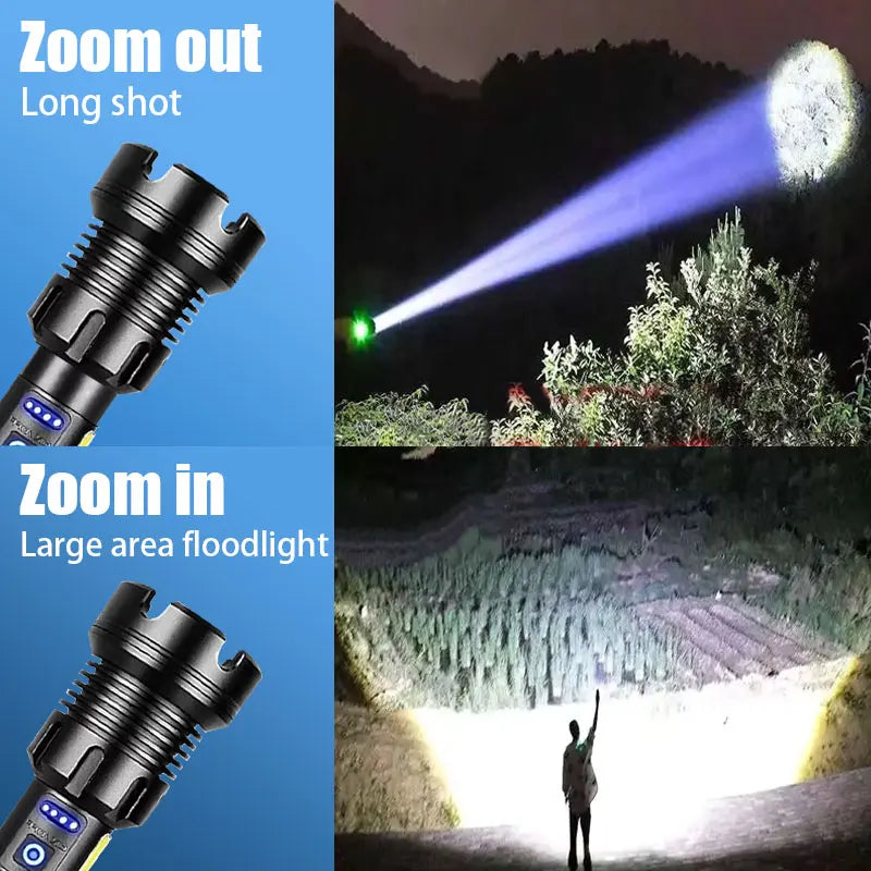 Flashlight with zoom functionality shown in long shot and large area floodlight modes.