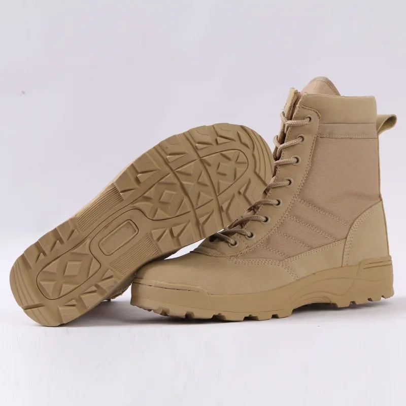 Tactical Men's Combat Boots – Ankle-Height Leather Work & Hiking Shoes with Side Zipper