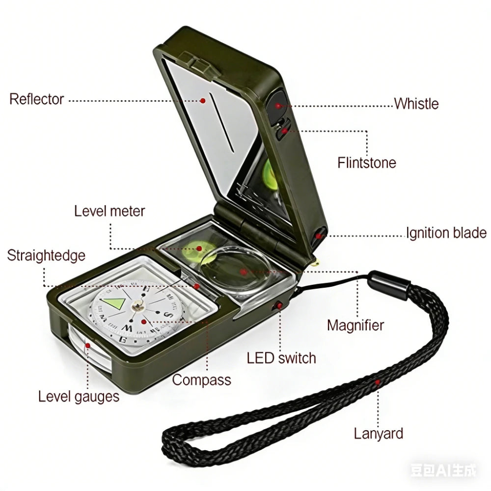 12-in-1 Tactical Survival Compass with Flashlight, Whistle & Fire Starter