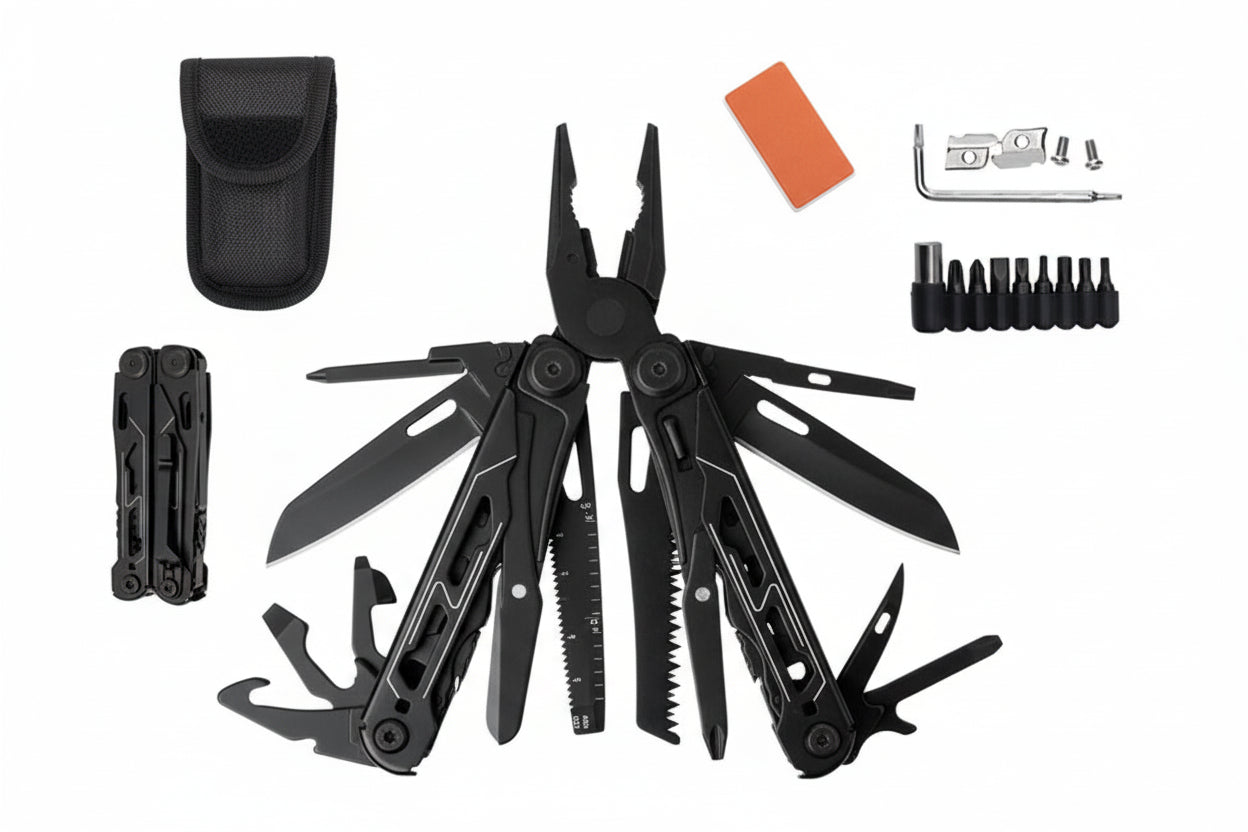Multitool with various tools and attachments on a white background