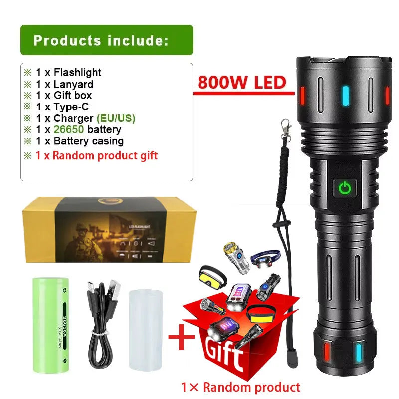XHP390 Tactical LED Flashlight - 1500M Range, Rechargeable with COB Side Light & Power Bank