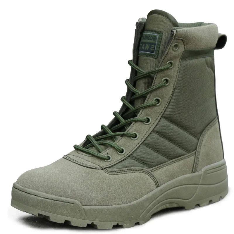Tactical Men's Combat Boots – Ankle-Height Leather Work & Hiking Shoes with Side Zipper