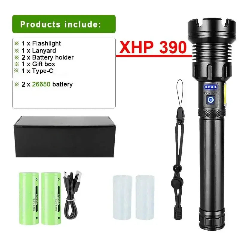XHP390 Tactical LED Flashlight - 1500M Range, Rechargeable with COB Side Light & Power Bank