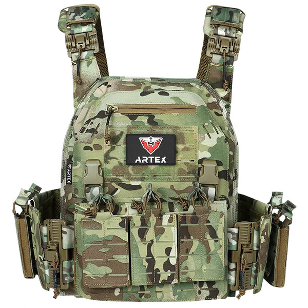 Camouflage tactical vest with Artex logo on a white background