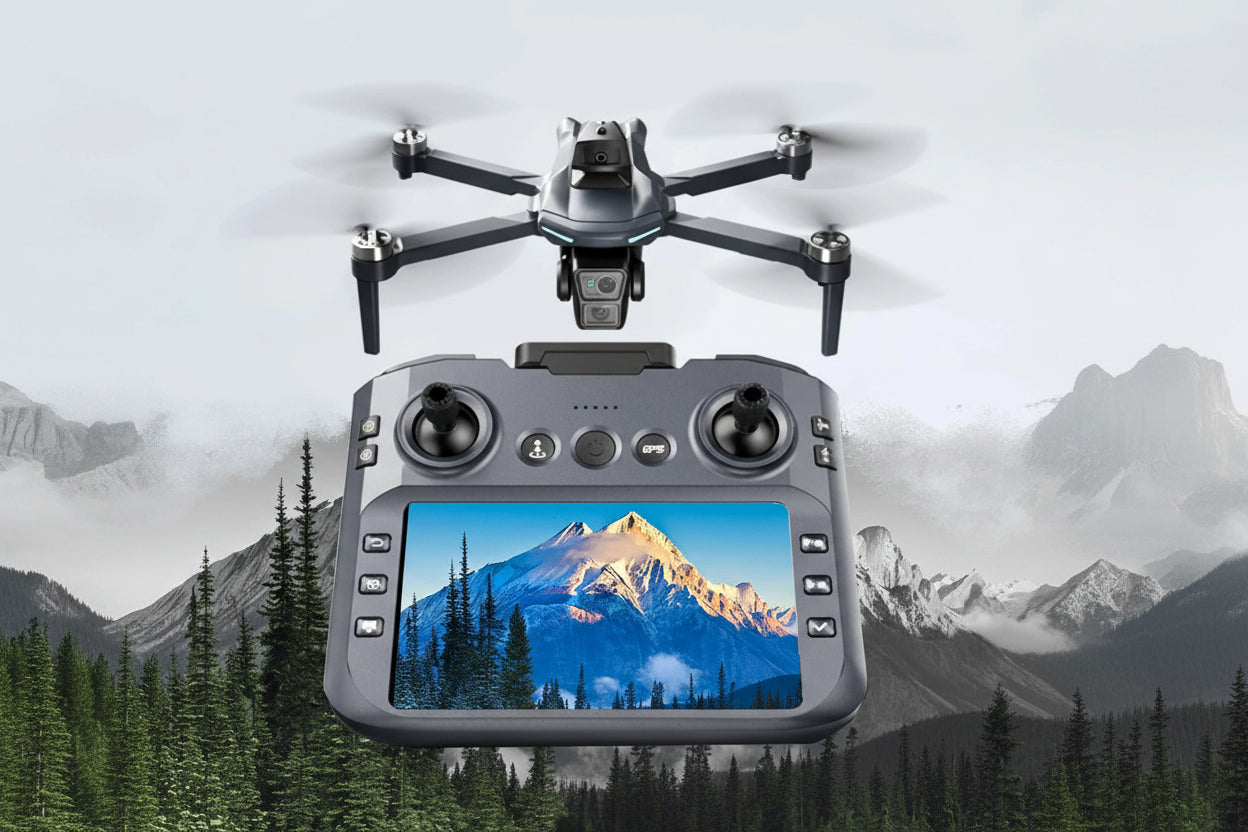 Lenovo XT606 drone with GPS 5G and 8K camera features, displayed against a mountainous landscape background.