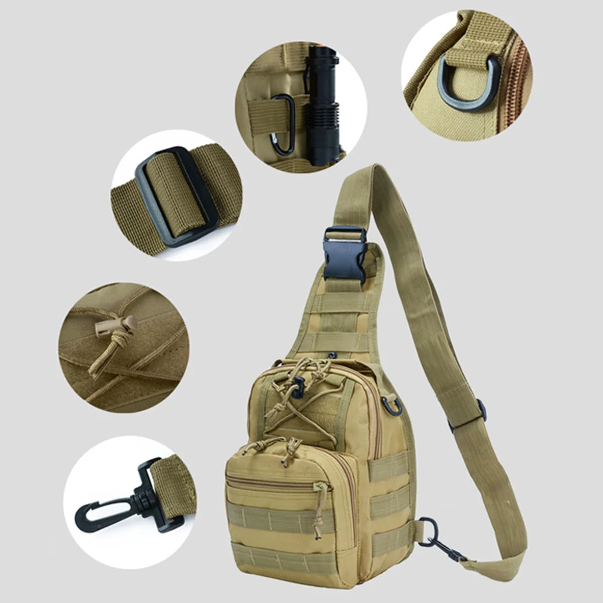 Tan shoulder bag with detailed views of its components on a light gray background