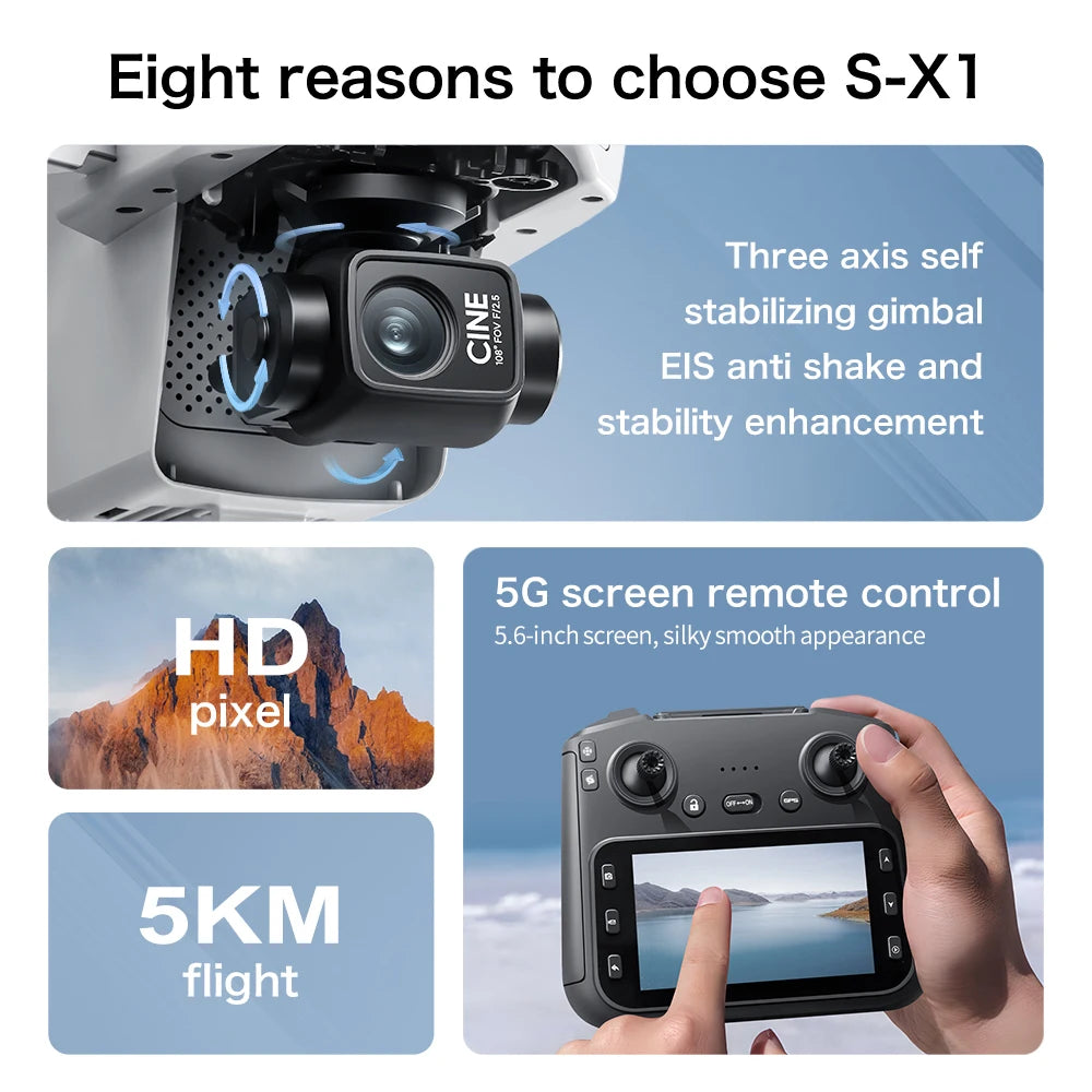 S-X1 MAX GPS Drone with 3-Axis Gimbal – 8K/4K HD Camera 5000m FPV LCD Screen RC Quadcopter