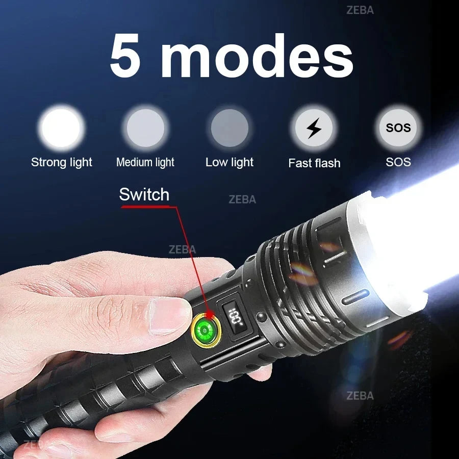 1000W LED Tactical Flashlight - 5000M Long Range, Rechargeable 10000mAh, Waterproof