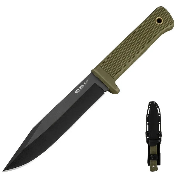 Knife with green handle and black blade on a white background