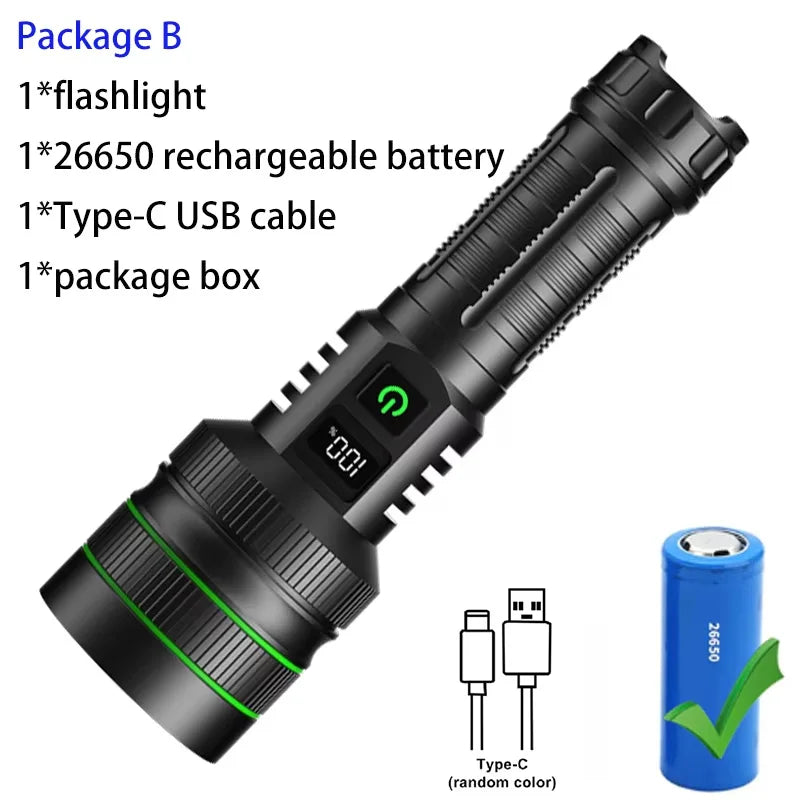 Black flashlight with 26650 rechargeable battery, Type-C USB cable, and package box on a white background.