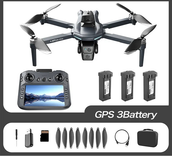 XT606 GPS+8K+Battery3 drone set with controller, batteries, and accessories on a white background