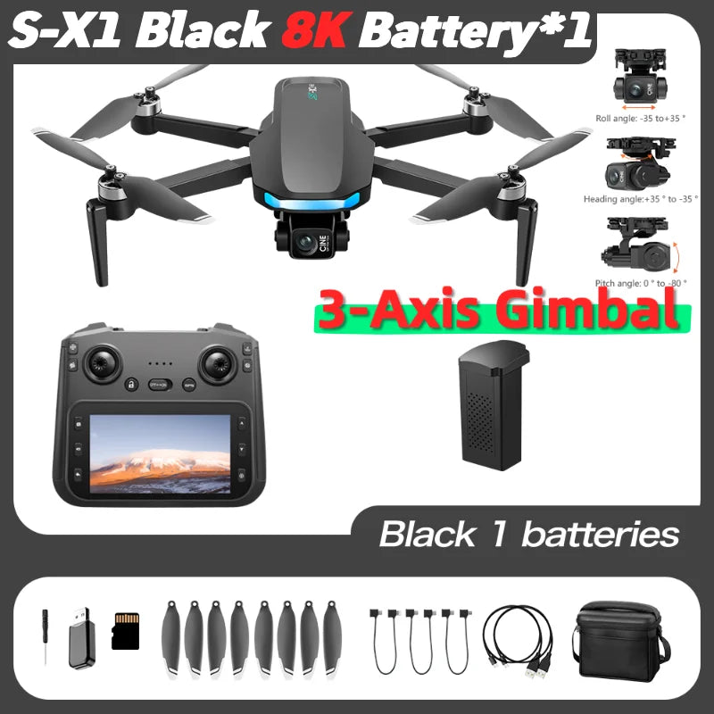 S-X1 MAX GPS Drone with 3-Axis Gimbal – 8K/4K HD Camera 5000m FPV LCD Screen RC Quadcopter