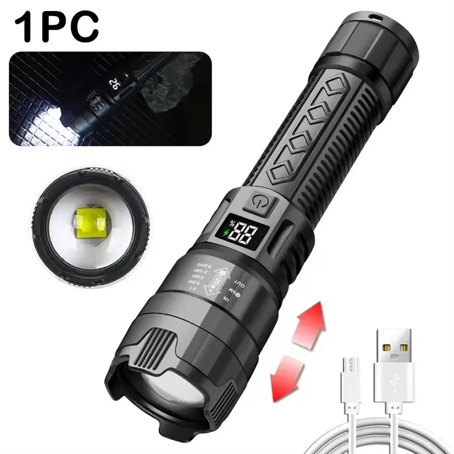1600000 Lumen USB Rechargeable LED Tactical Flashlight | Waterproof Long Range Torch