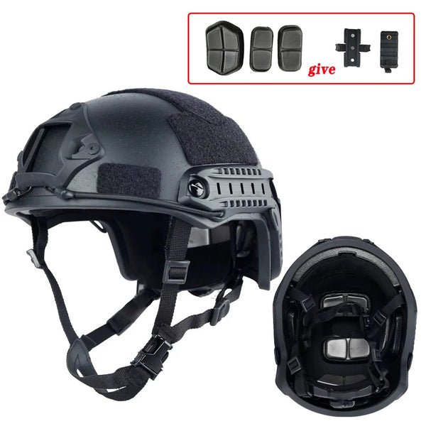 Black tactical helmet with additional components on a white background