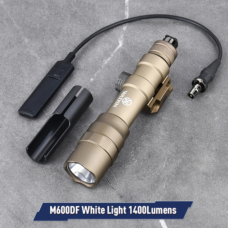 Tan flashlight with black battery and connectors on a gray surface, featuring the brand 'Nitecore'.