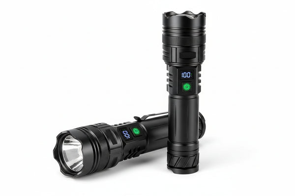 Compact and portable flashlight with digital display, shown in various settings.