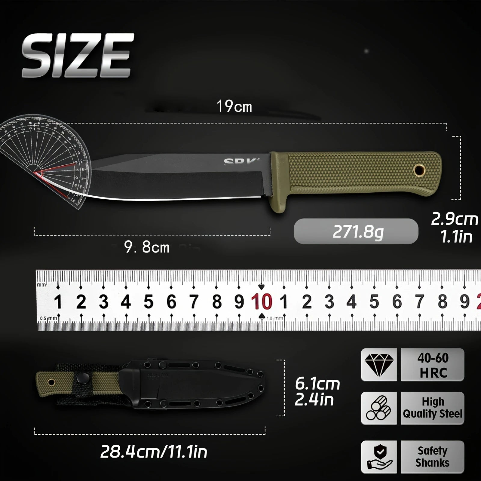Knife with measurements and specifications on a dark background